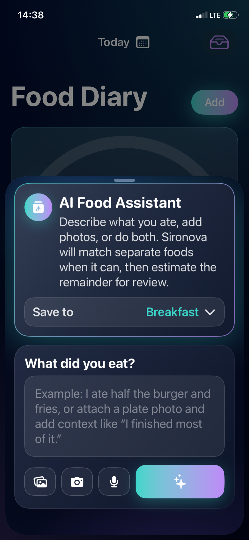 Sironova AI food assistant sheet for describing meals or adding photos before saving to the diary.