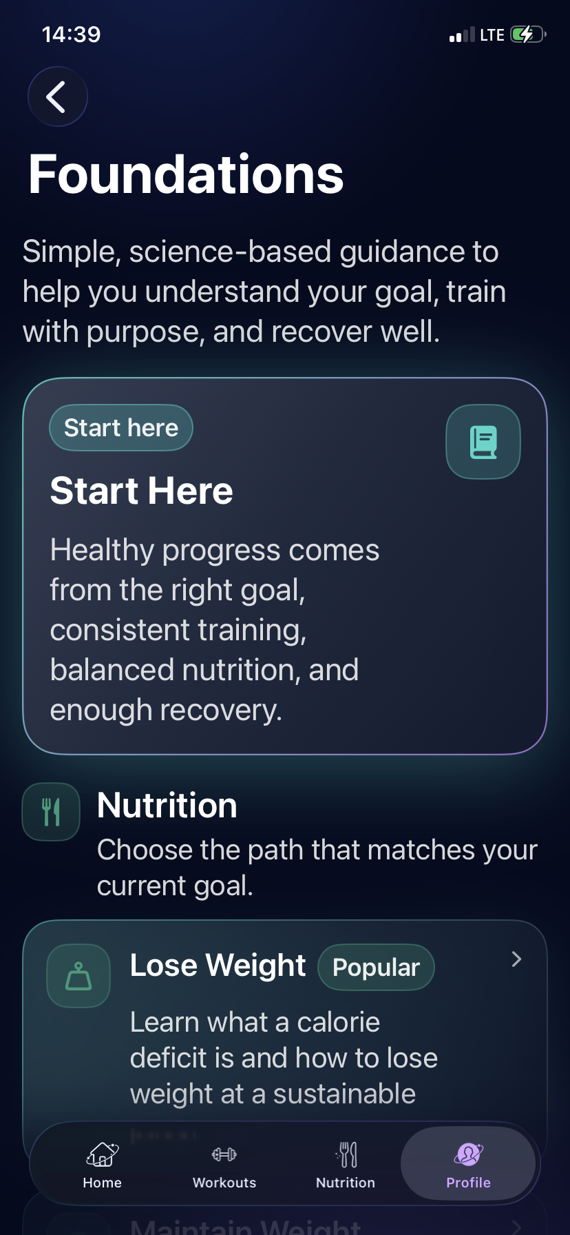 Sironova Foundations screen with goal and nutrition guidance.