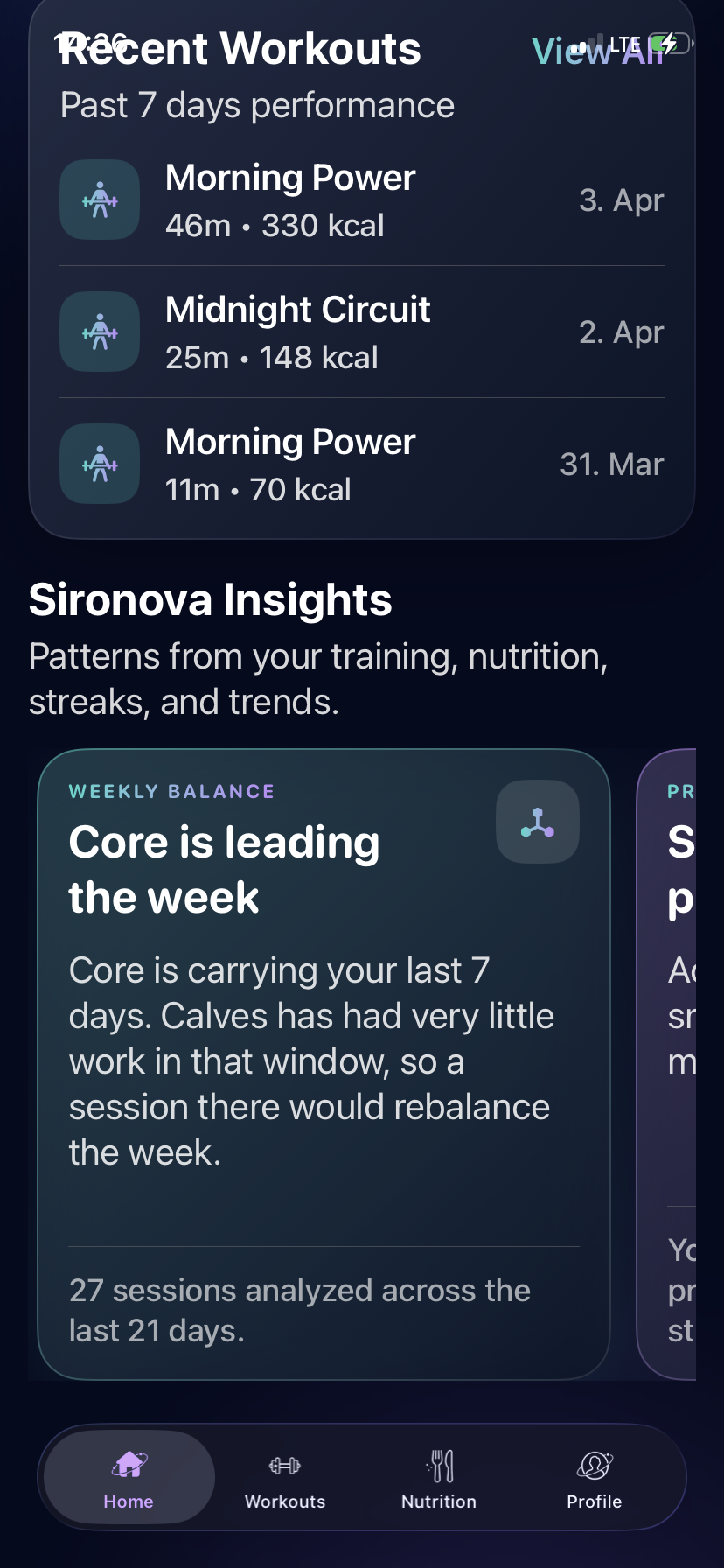 Sironova insight card showing weekly balance recommendations from recent training.
