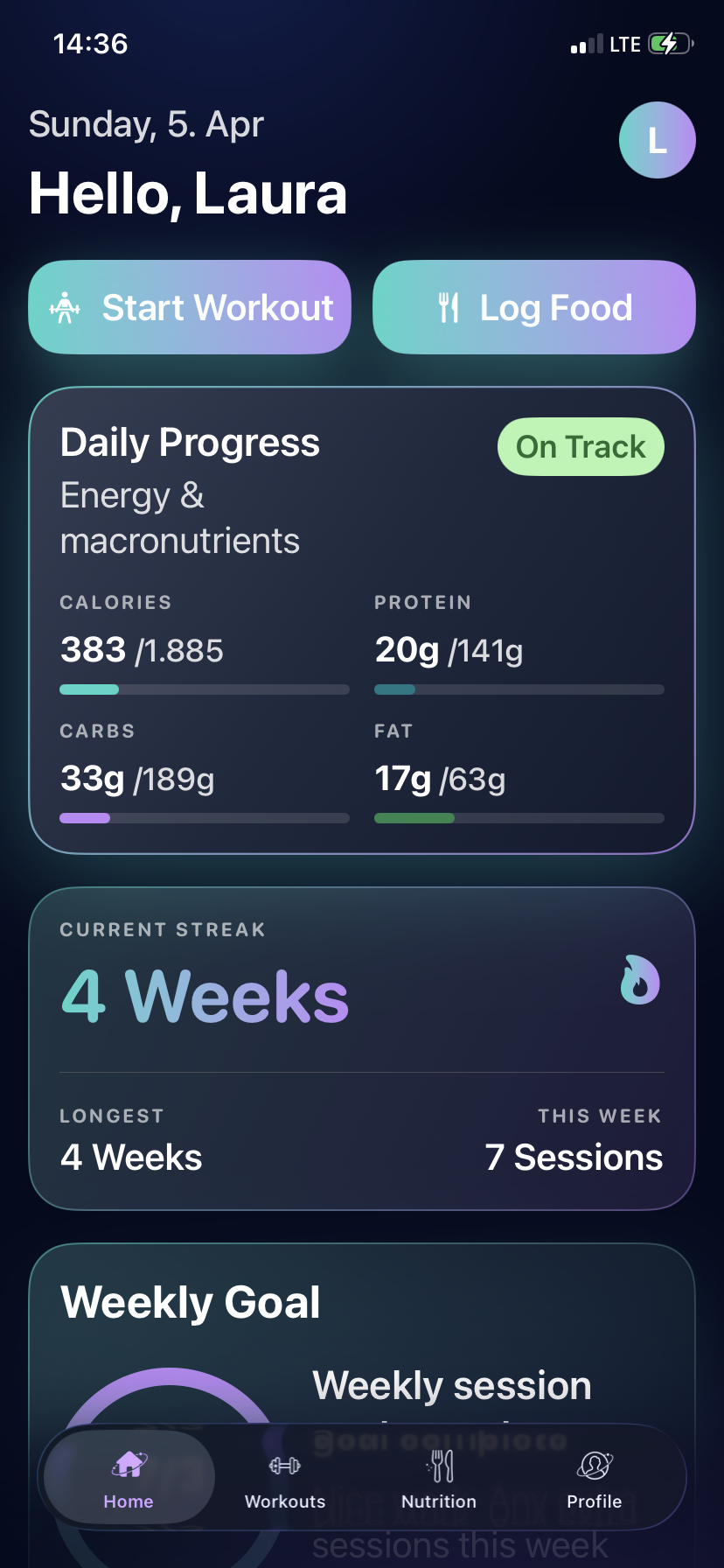 Sironova dashboard showing daily progress, streaks, and weekly goal.