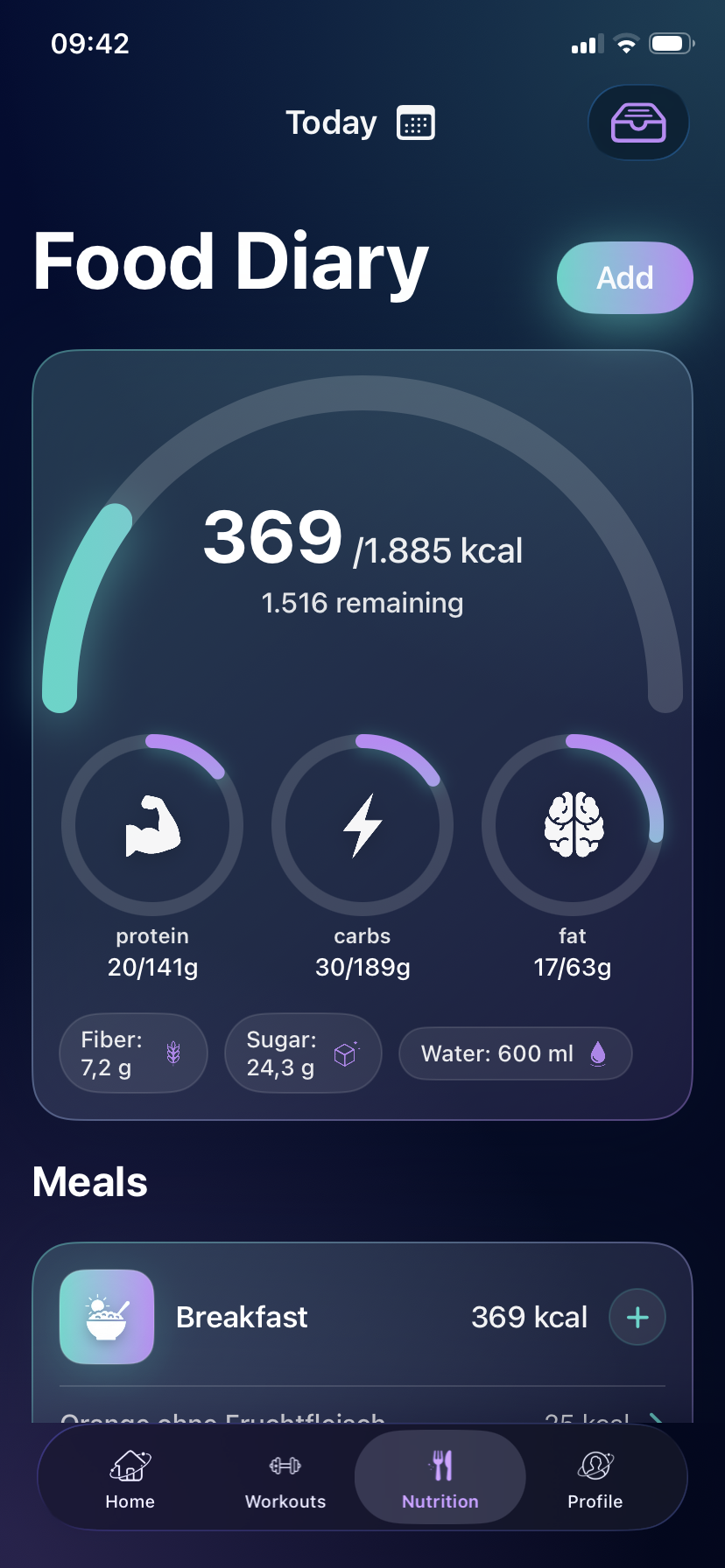 Sironova Food Diary screen showing calories, macro targets, fiber, sugar, water, and logged meals.