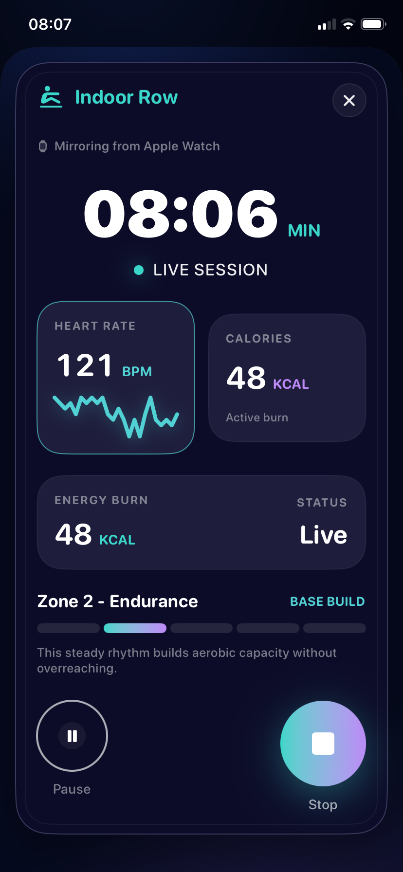 Sironova iPhone screen mirroring an Apple Watch indoor row workout with live timer, heart rate, calories, zone guidance, and controls.