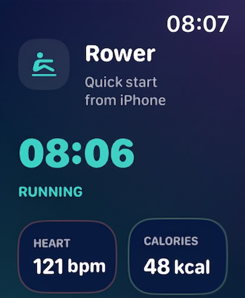 Sironova Apple Watch Quick Start screen showing a rower workout starting from iPhone with elapsed time, heart rate, and calories.