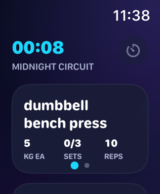 Sironova Apple Watch workout screen showing dumbbell bench press with set progress.