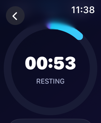 Sironova Apple Watch rest timer screen showing time remaining during a workout.