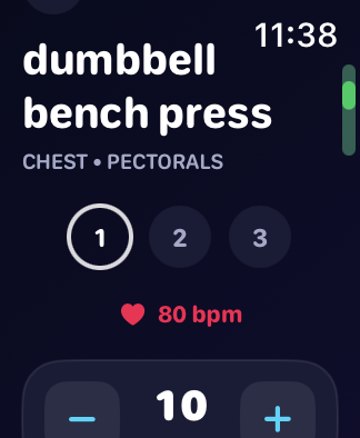 Sironova Apple Watch workout screen showing dumbbell bench press, set selection, and heart rate.
