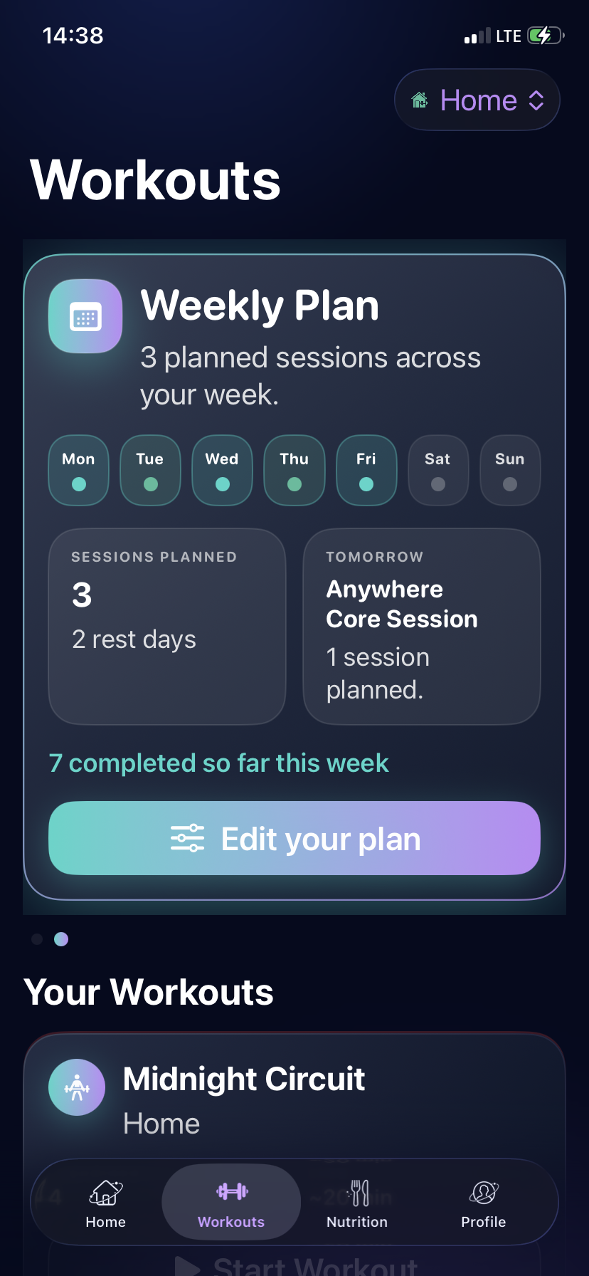 Sironova workouts screen with a weekly plan card and planned sessions across the week.